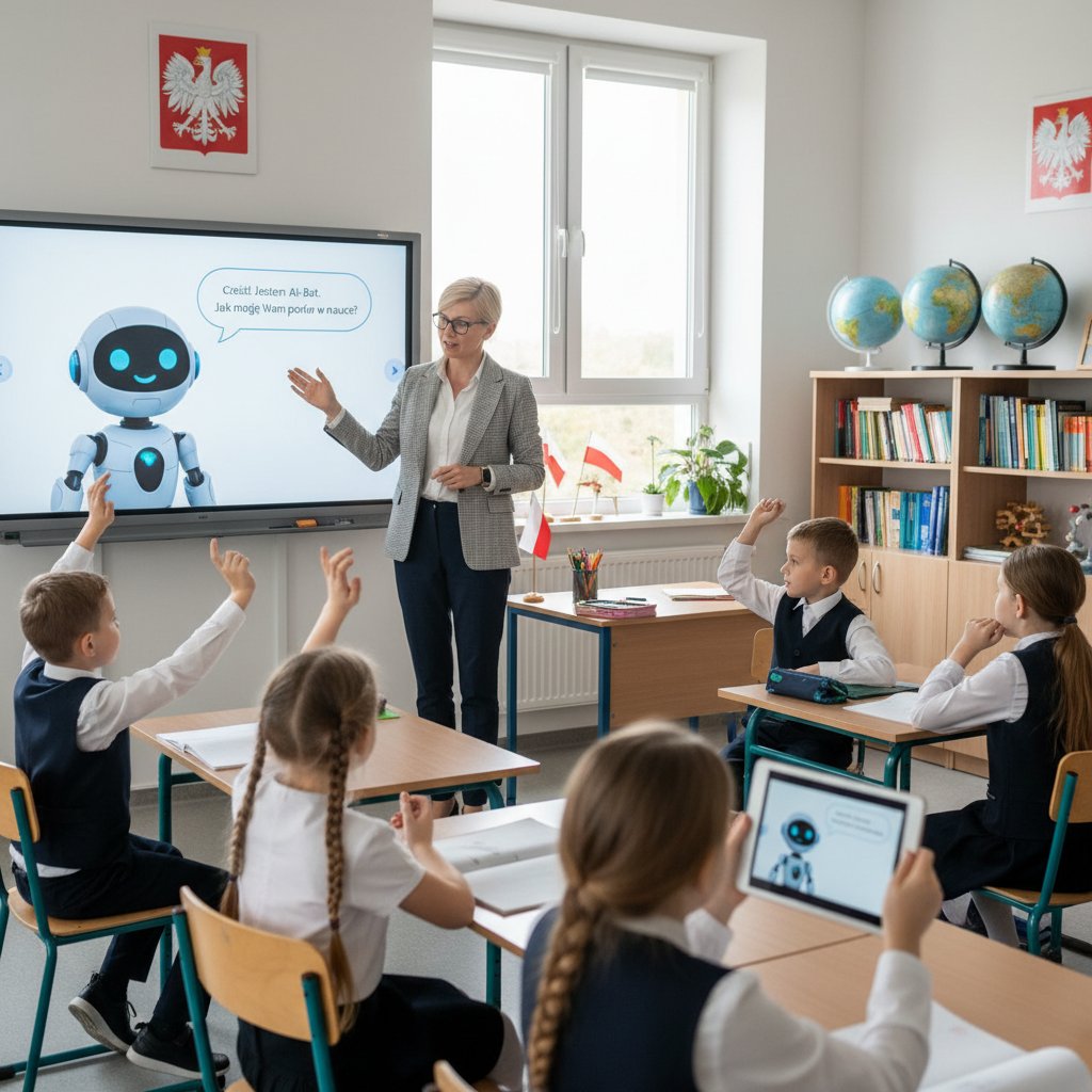 Nauczycielka i uczniowie korzystający z laptopów z wyświetlonym czatbotem w polskiej szkole