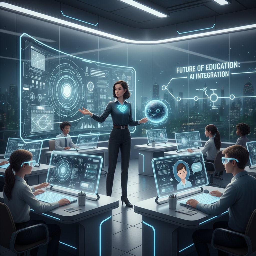 Nauczyciel i uczniowie korzystają z zaawansowanych narzędzi AI i transkrypcji w nowoczesnej klasie