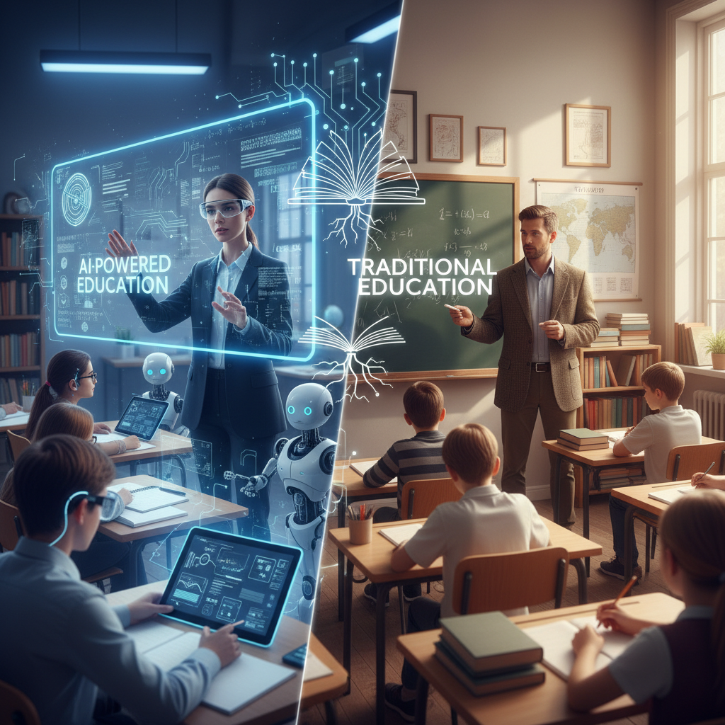 Nauczyciel pokazujący uczniom różnice między AI a tradycyjną nauką