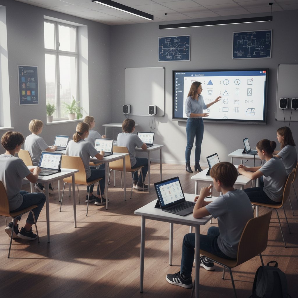 Nauczyciel prowadzący uczniów przez ćwiczenia online