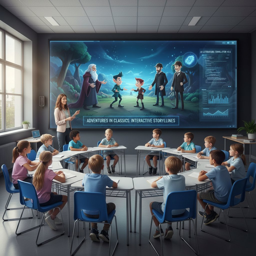 Nauczycielka z uczniami w klasie, rozmowy z literackimi bohaterami na ekranie, symulator AI, edukacja
