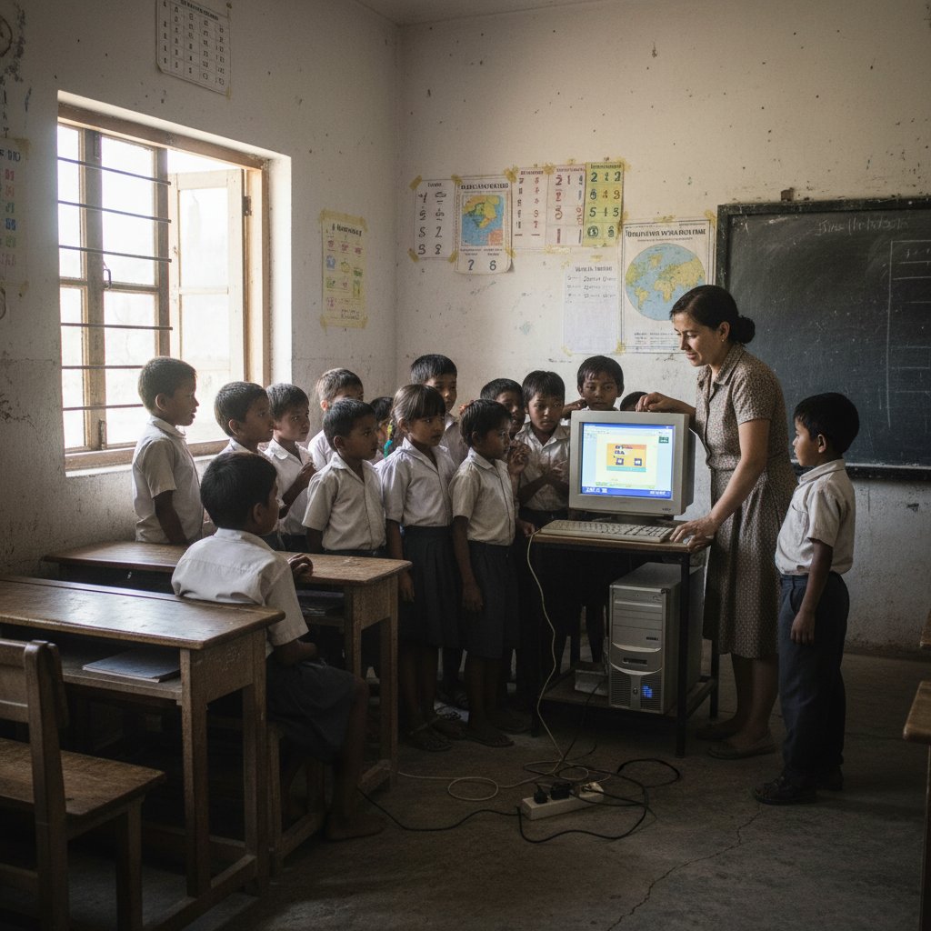 Nauczyciel i uczniowie z jednego komputera w prowincjonalnej klasie, na ścianie stara tablica