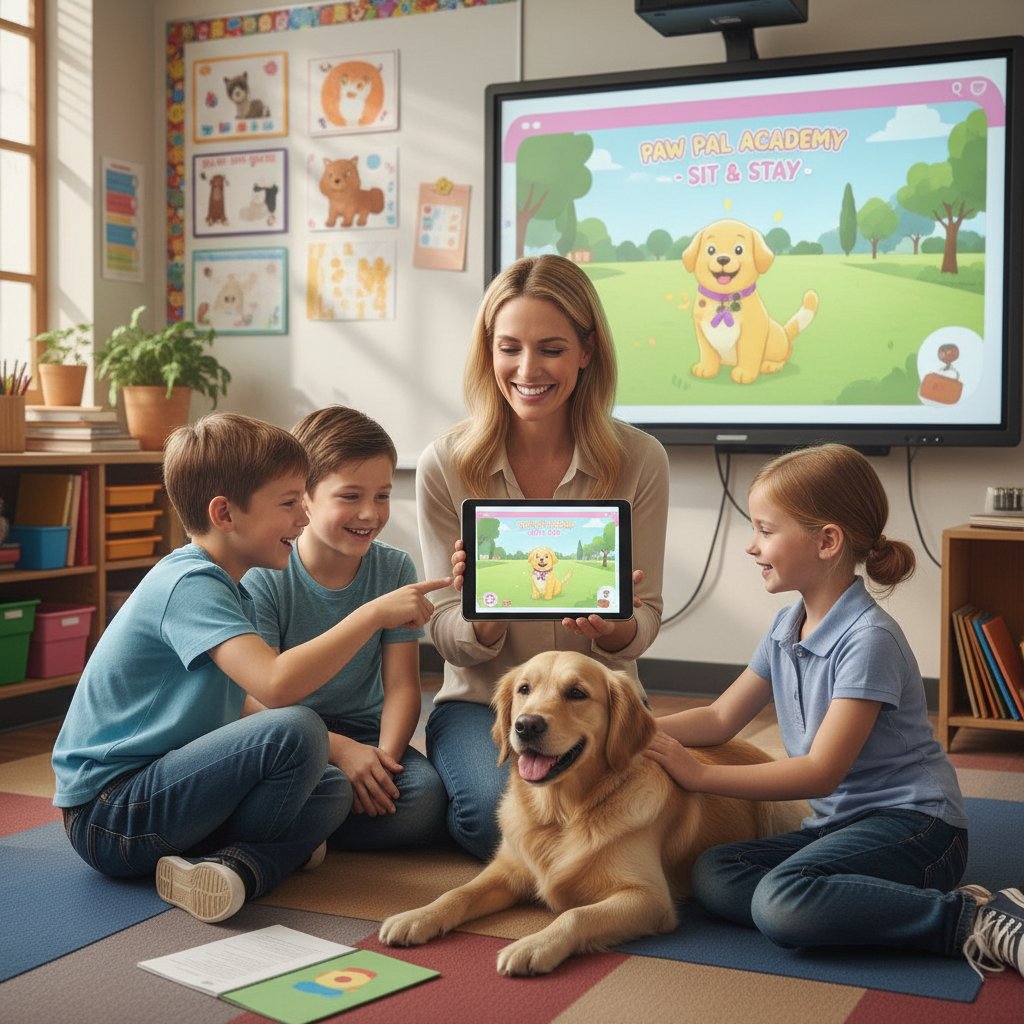 Nauczycielka pokazująca uczniom na tablecie ekran z symulatorem hodowli psów