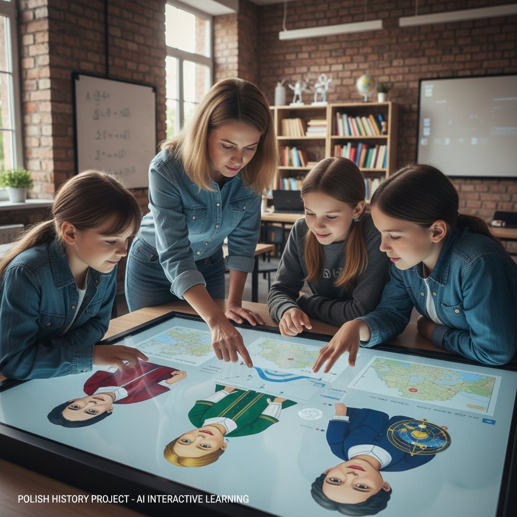 Nauczyciel i uczniowie korzystający z symulatora rozmów historycznych w warszawskiej szkole