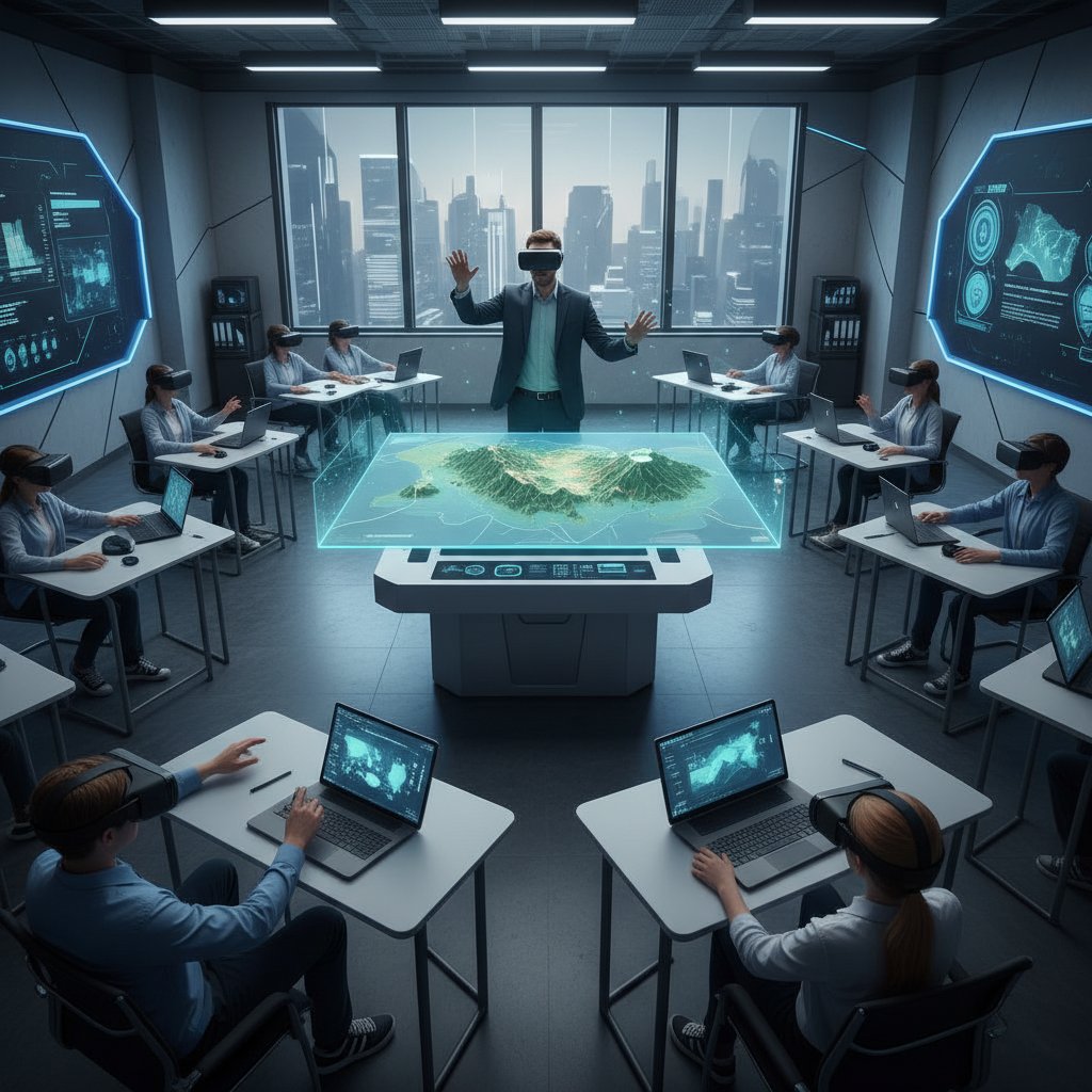 Nauczyciel i uczniowie z okularami VR eksplorują mapę 3D w klasie