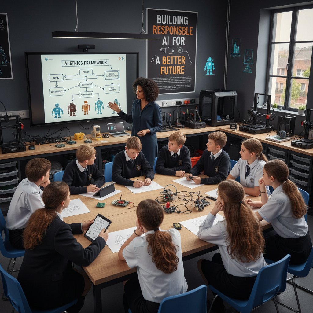 Zdjęcie nauczyciela i uczniów podczas warsztatów o etyce AI w szkolnej sali – symbol edukacji etycznej
