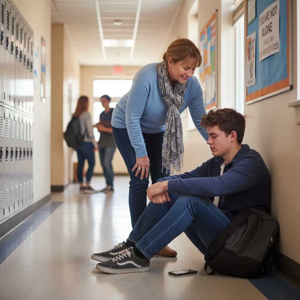 Nauczycielka rozmawiająca z nastolatką w szkolnym korytarzu, symbolizująca wsparcie w kryzysie psychicznym