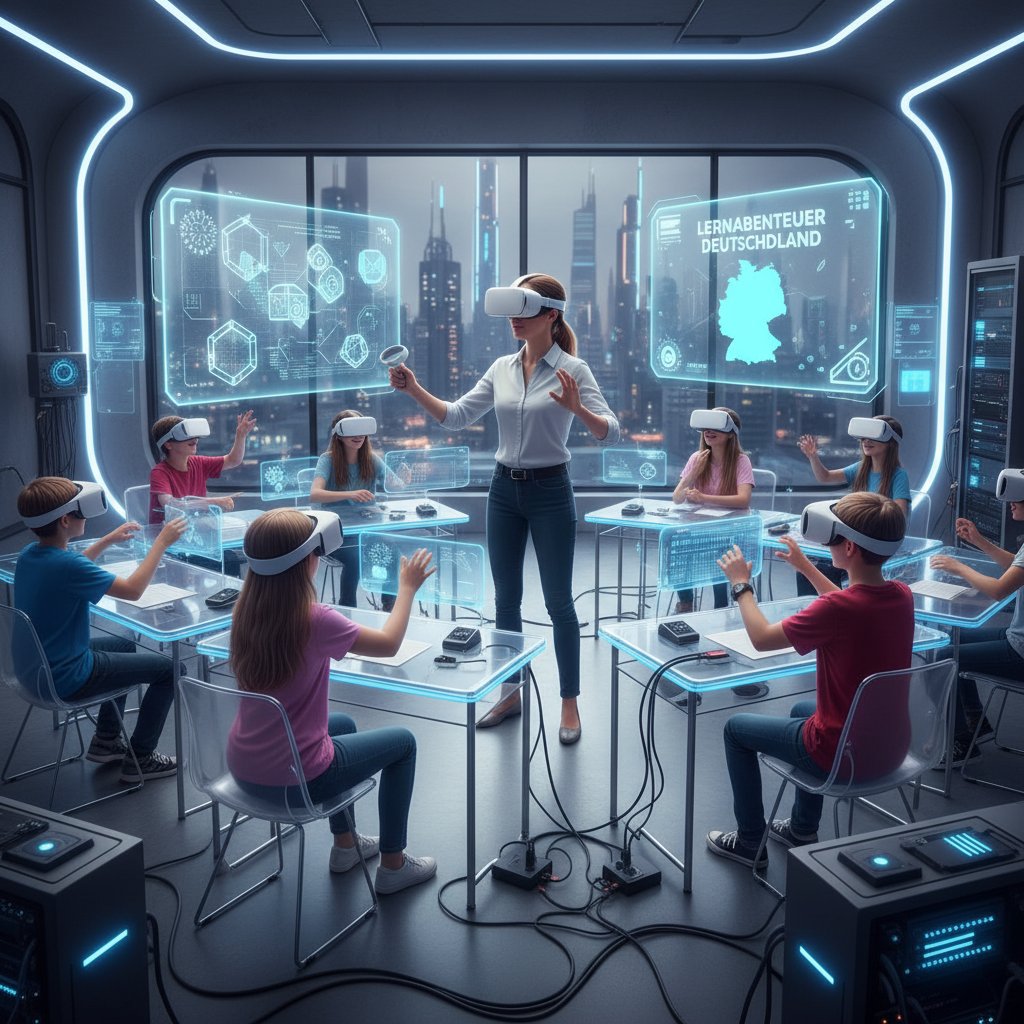 Lehrerin mit VR-Brille erklärt einer Gruppe von Schülern ein Lernspiel, Hightech-Klassenzimmer