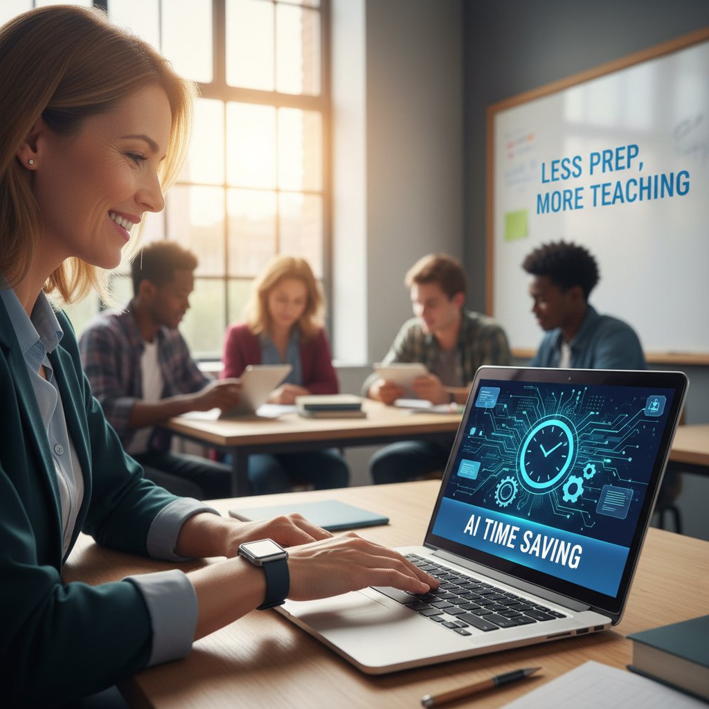 Nauczyciel z zegarkiem i laptopem cieszący się oszczędnością czasu dzięki AI
