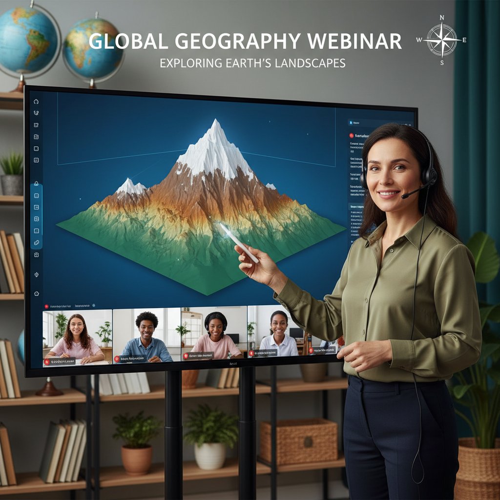 Nauczyciel prowadzi webinar z geografii online z użyciem cyfrowej mapy świata