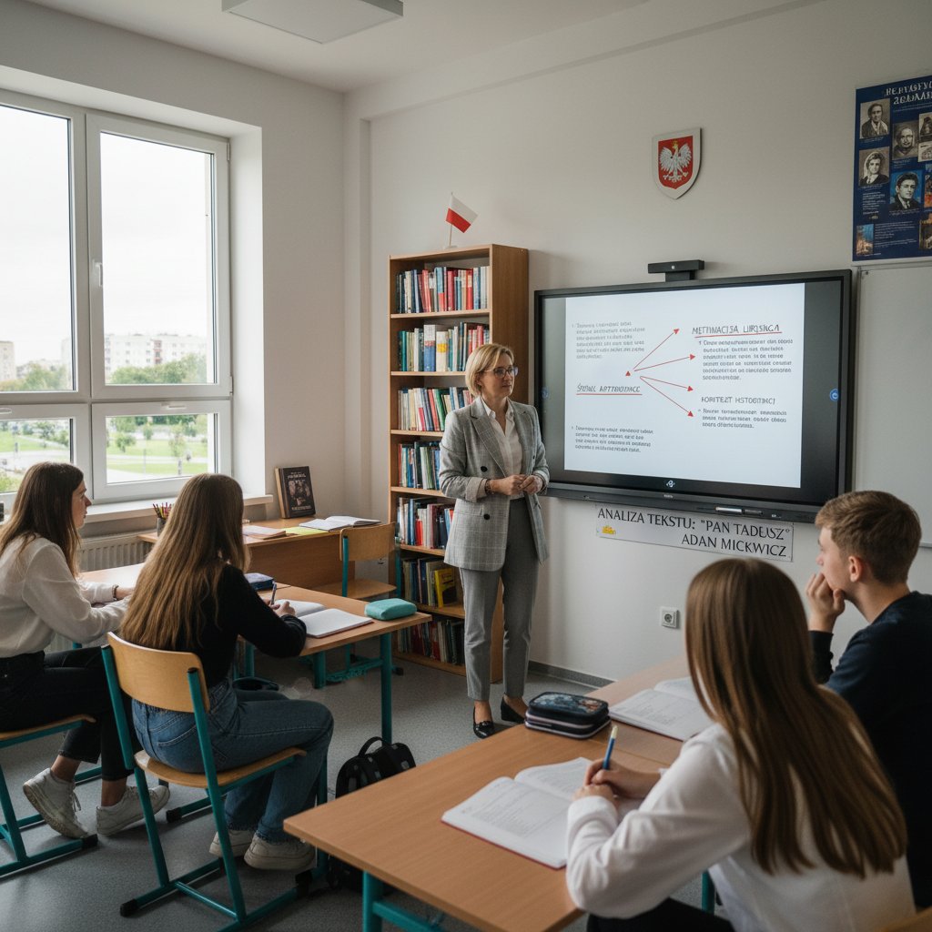 Nowoczesny nauczyciel korzysta z narzędzia AI do analizy tekstu z uczniami