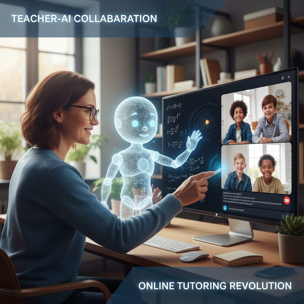 Nauczyciel i laptop z algorytmem, współpraca człowieka z AI w edukacji, korepetycje online