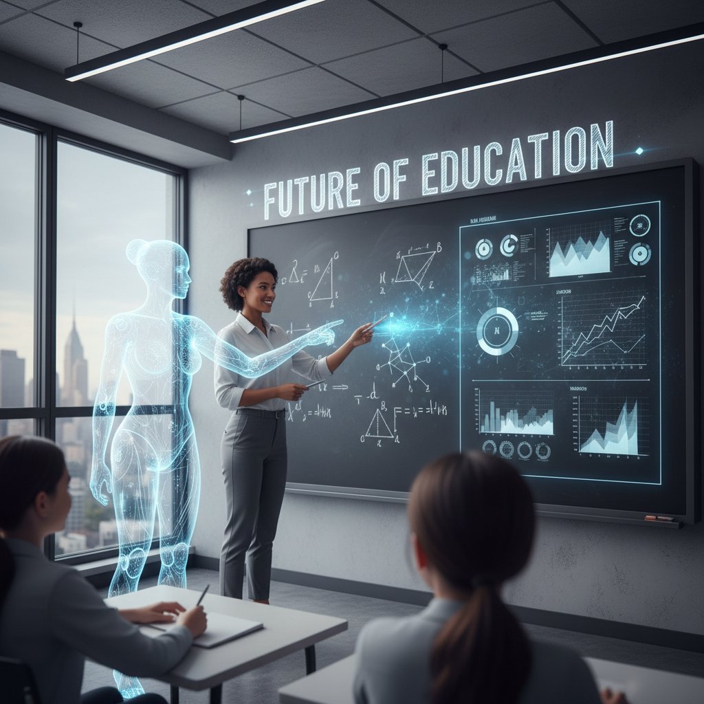 Symboliczne zdjęcie nauczyciela i awatara AI wspólnie przy tablicy