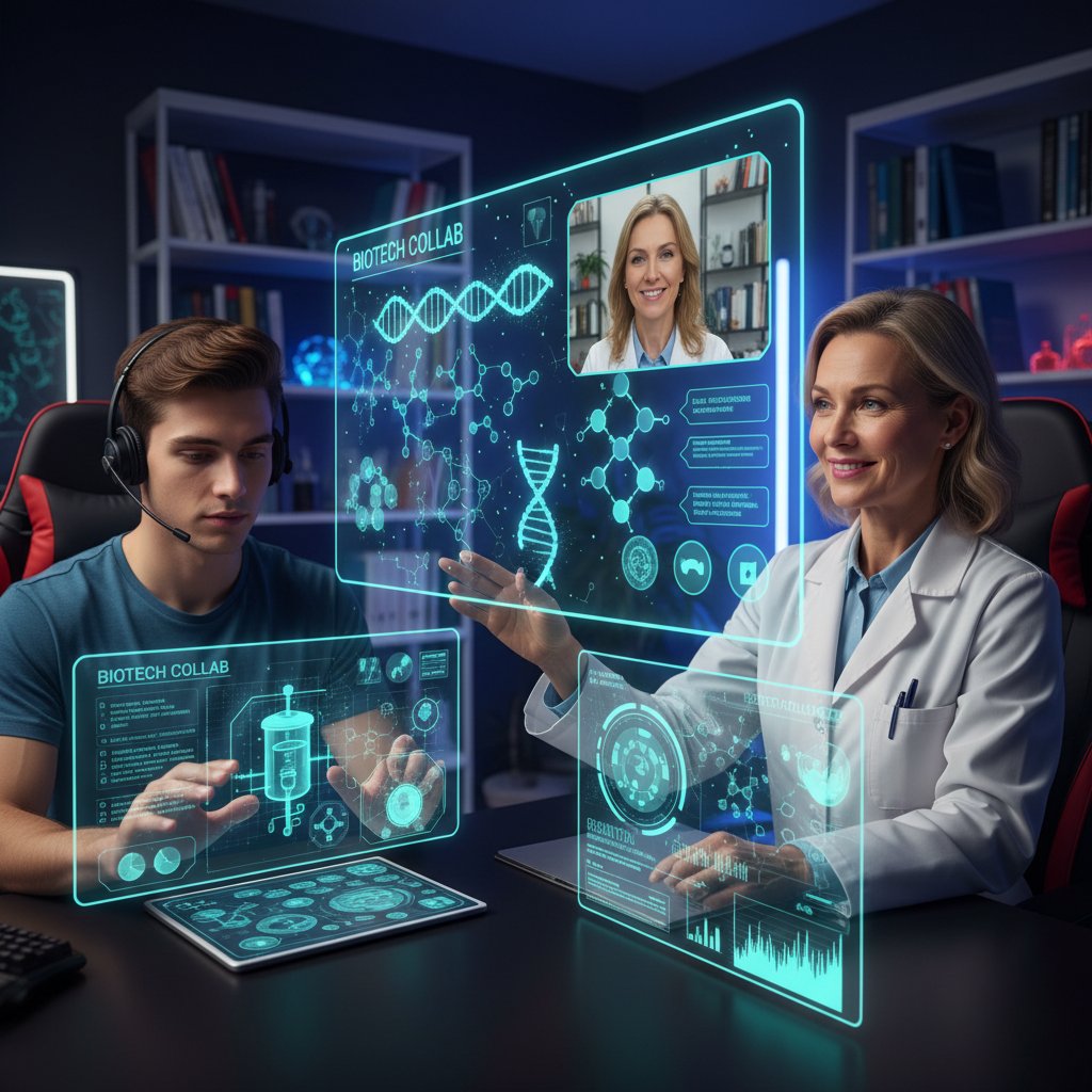 Nowoczesny nauczyciel i uczeń pracujący razem nad projektem biotechnologicznym online, narzędzia cyfrowe, słowa kluczowe: nauczyciel, uczeń, biotechnologia, współpraca online