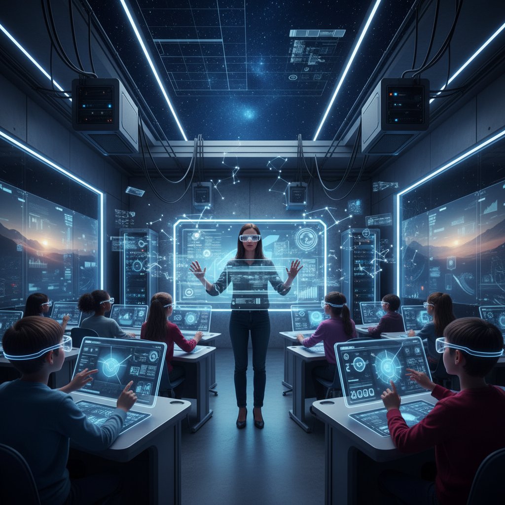 Lehrerin mit AR-Brille zeigt Schülern interaktive Lerninhalte auf digitalem Display