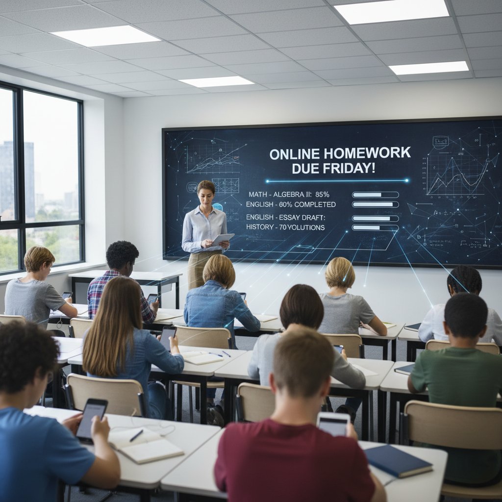 Nauczyciel przy tablicy i laptopie, w tle uczniowie z telefonami rozwiązują zadania online