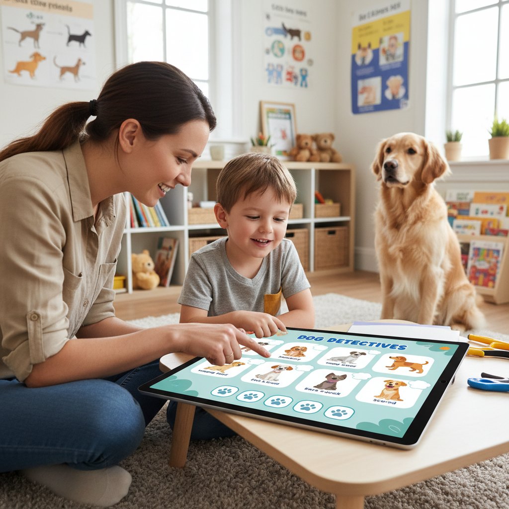 Nauczyciel i dziecko analizują zachowanie psa w edukacyjnej grze o zwierzętach