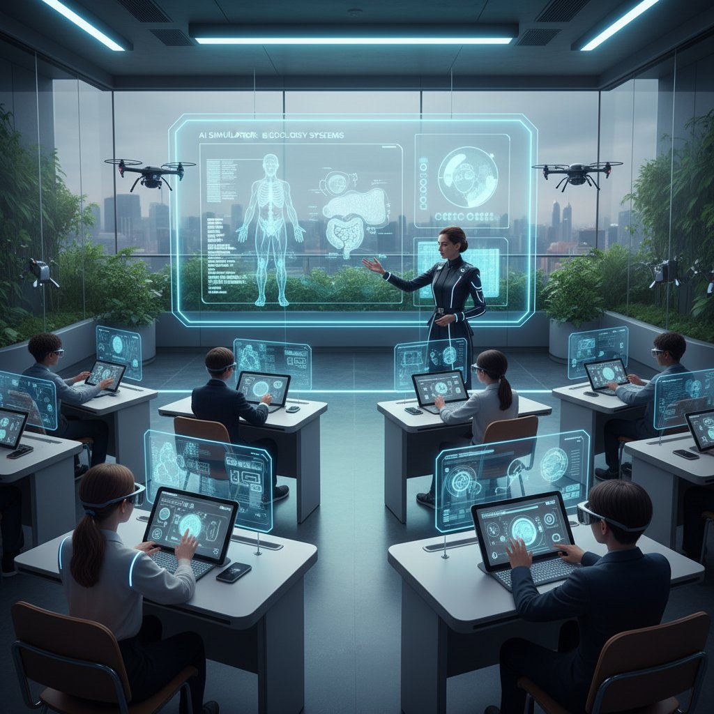 Nauczycielka prowadzi lekcję z wykorzystaniem symulatora AI w klasie