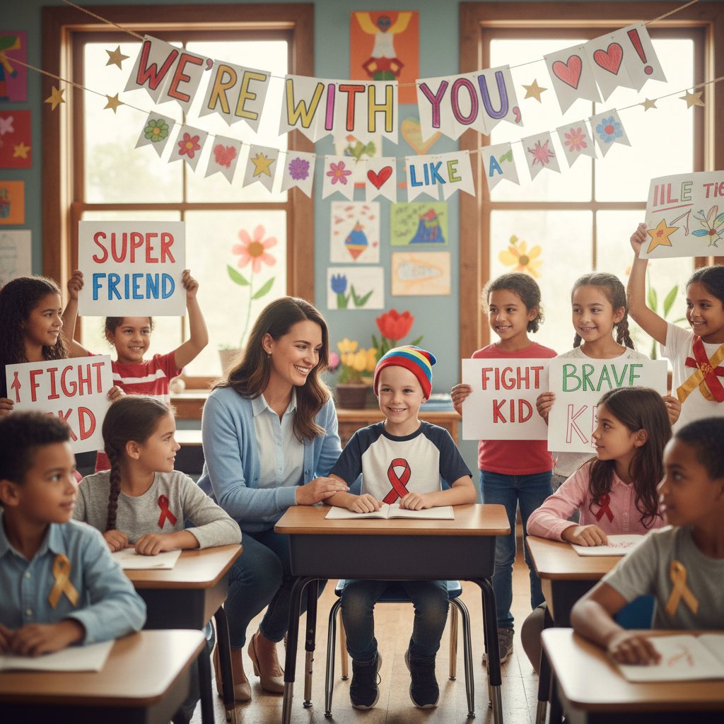 Nauczyciel prowadzący zajęcia z dziećmi, dziecko z białaczką w klasie, wsparcie edukacyjne
