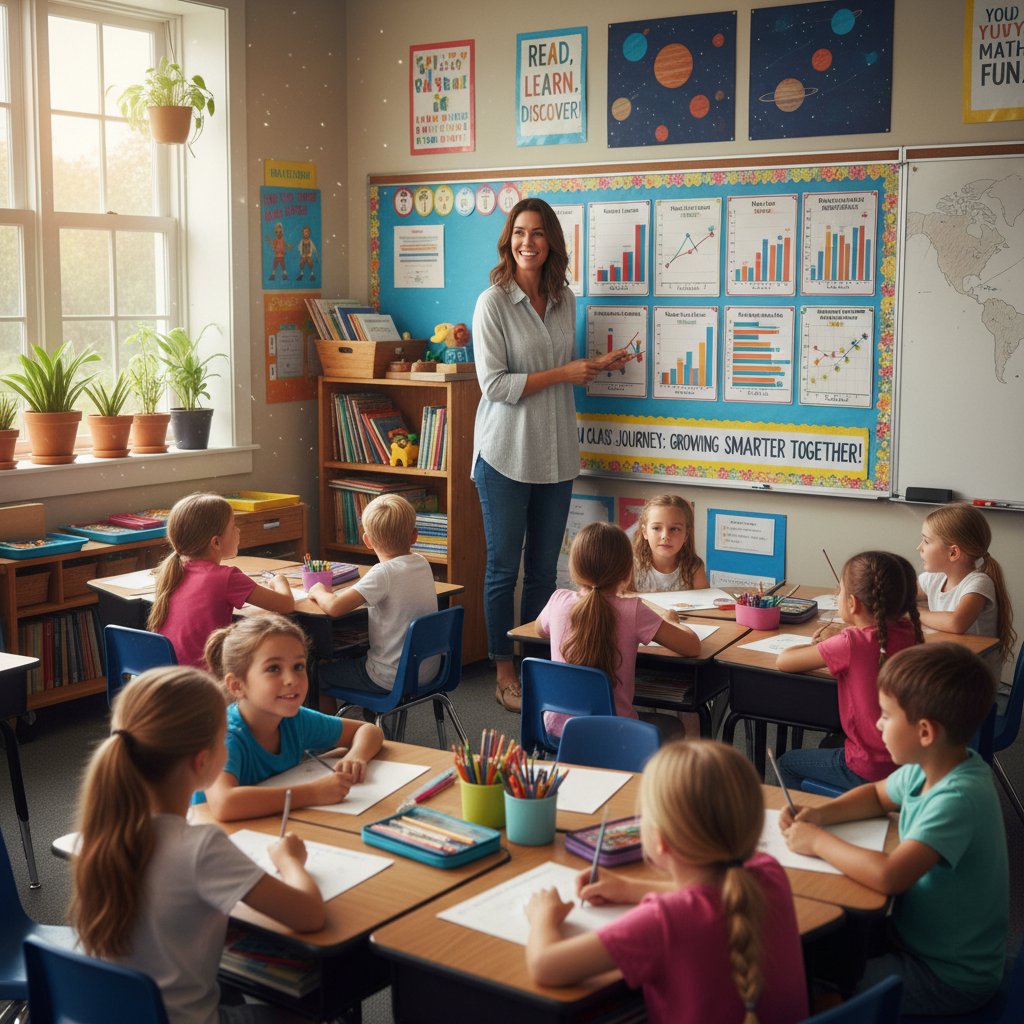 Nauczyciel pokazuje uczniom wykresy na ekranie w sali lekcyjnej
