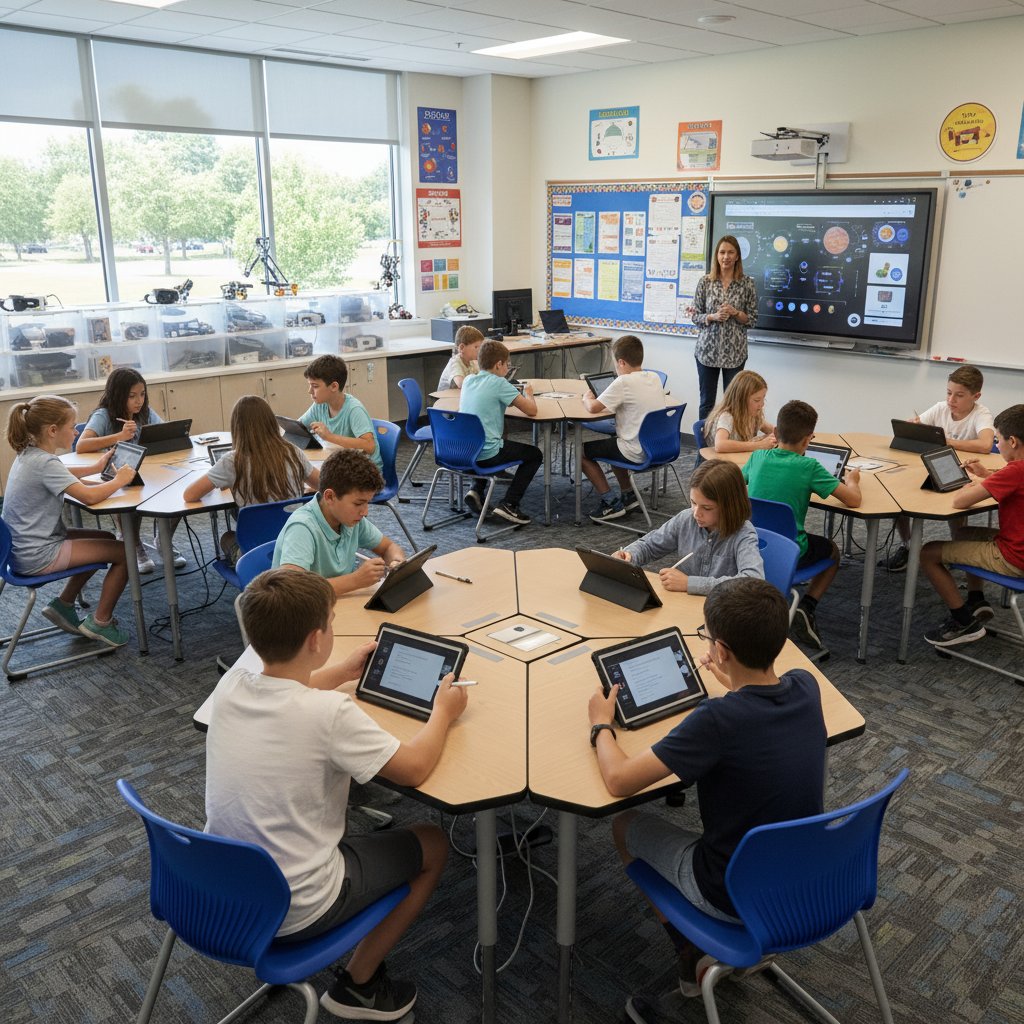 Nauczyciel przy tablicy z grupą uczniów korzystających z tabletów – nowoczesne powtórki