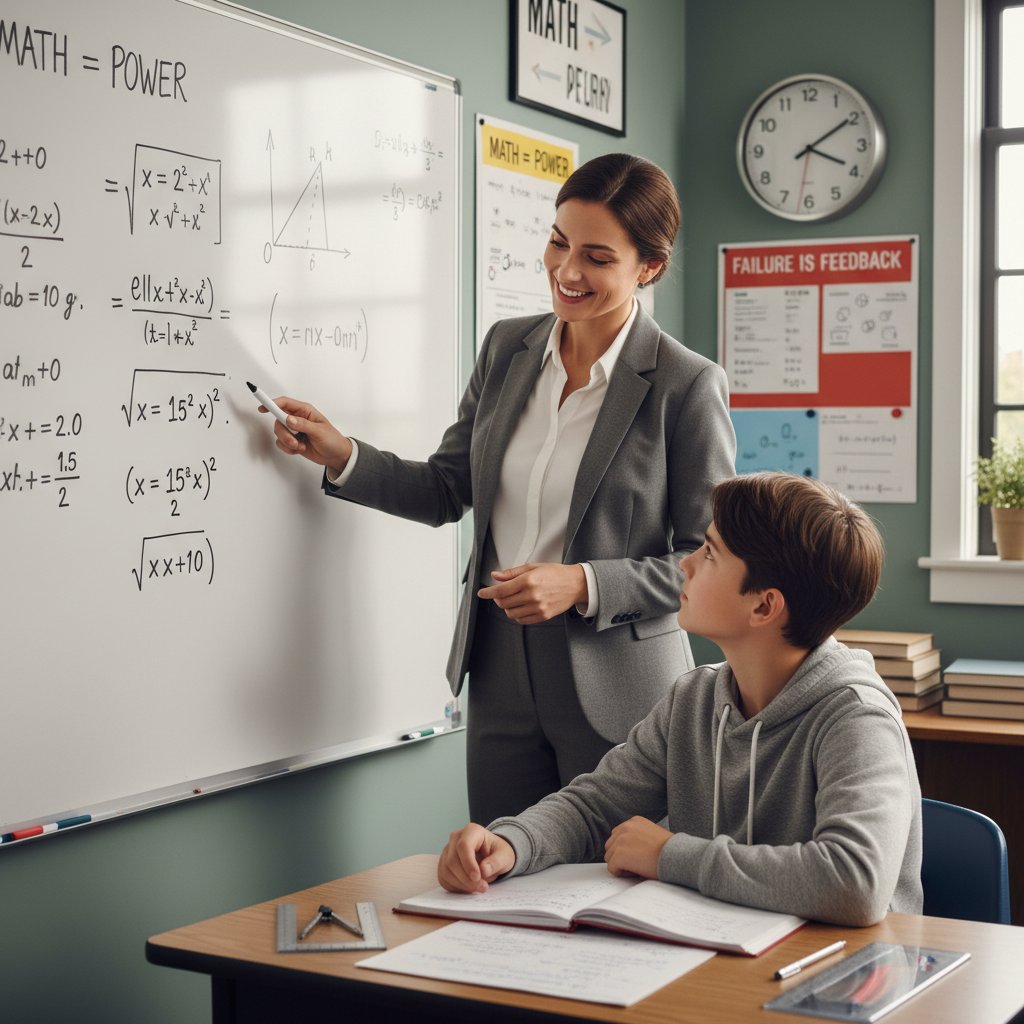 Nauczyciel tłumaczy trudny temat uczniowi, matematyka, motywacja, sukces