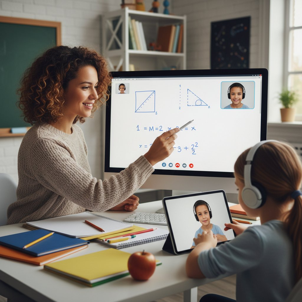 Nauczyciel wyjaśnia matematyczne zadania dziecku przy komputerze – matematyka online
