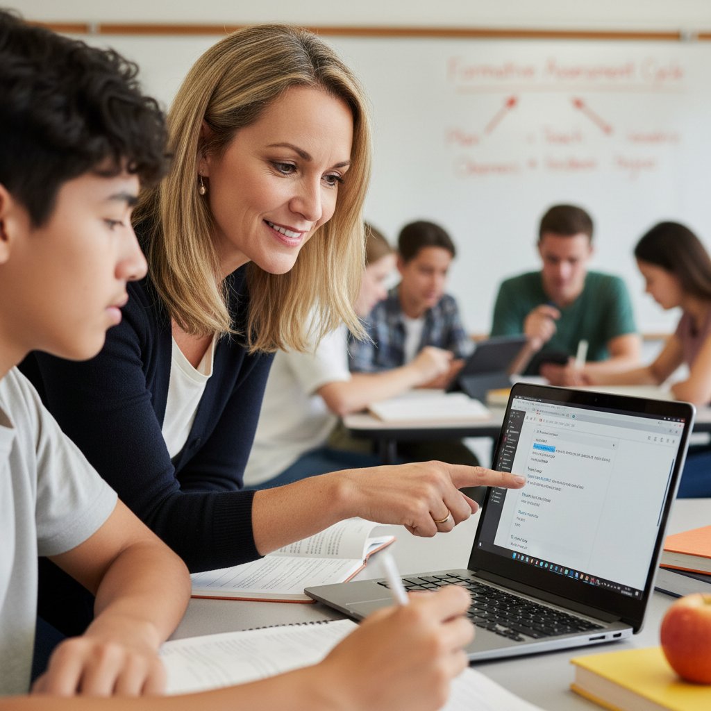 Nauczyciel przekazujący feedback cyfrowy uczniowi na laptopie, ocena formatywna online w praktyce