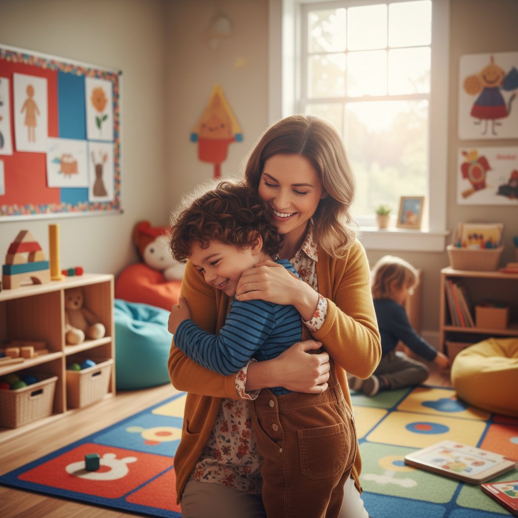 Nauczycielka przytulająca płaczące dziecko w sali przedszkolnej, ciepła atmosfera