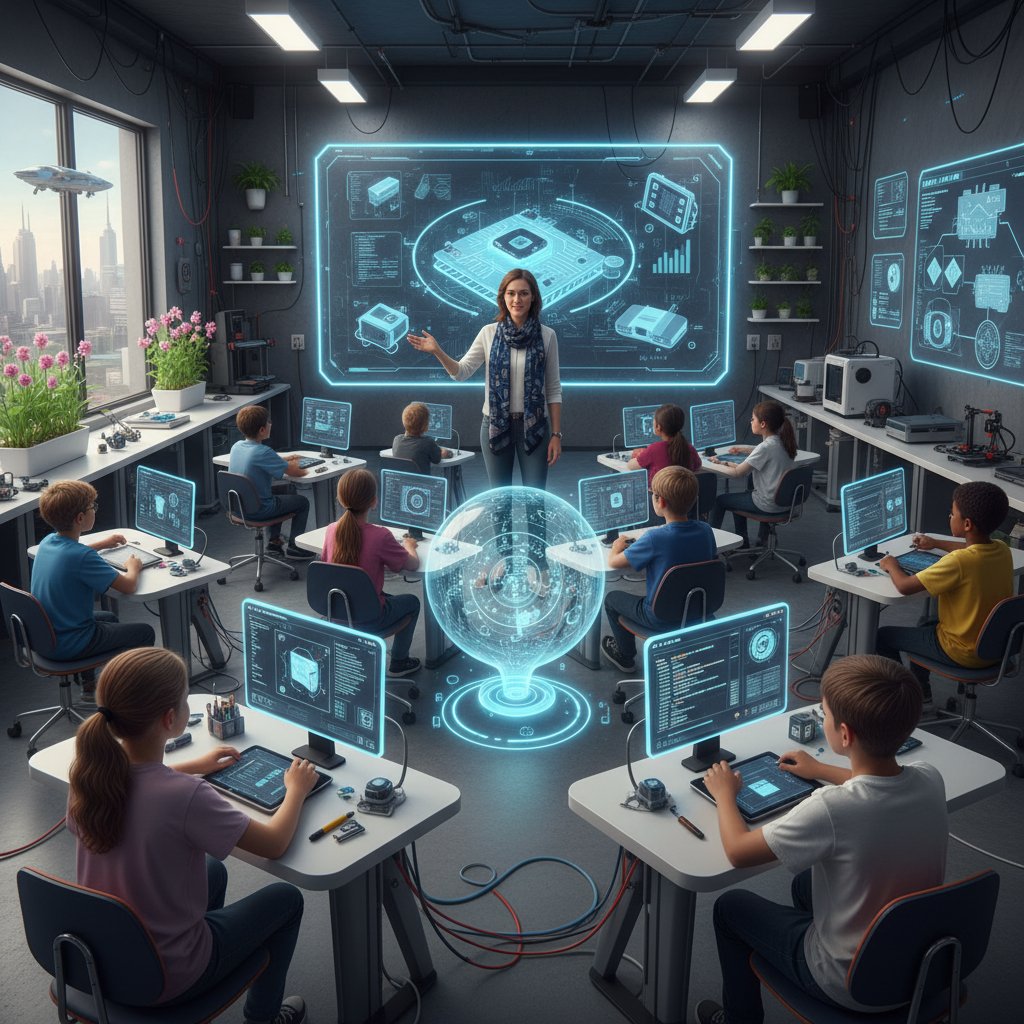 Nauczyciel prowadzący kreatywną lekcję z użyciem technologii, tożsamość szkoły nowoczesnej