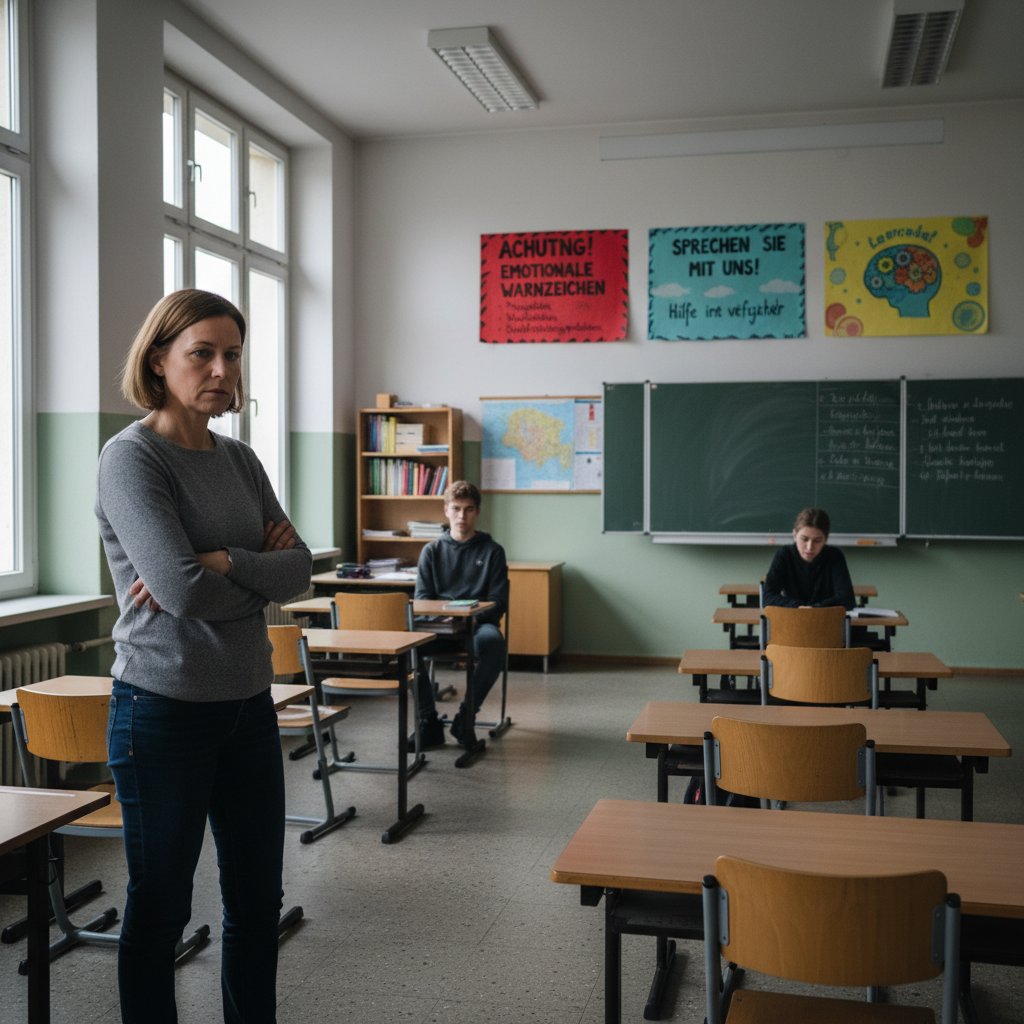Lehrerin beobachtet still einen Schüler, der sich auffällig vom Unterricht distanziert, deutsche Schulatmosphäre, Fokus auf Warnsignale