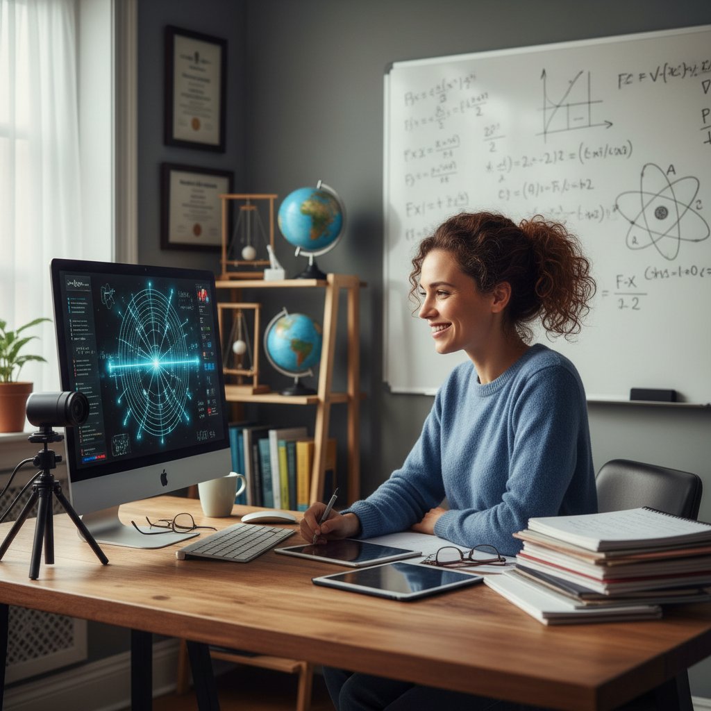 Nauczyciel prowadzący zajęcia online, kamera, ekran komputera, notatki