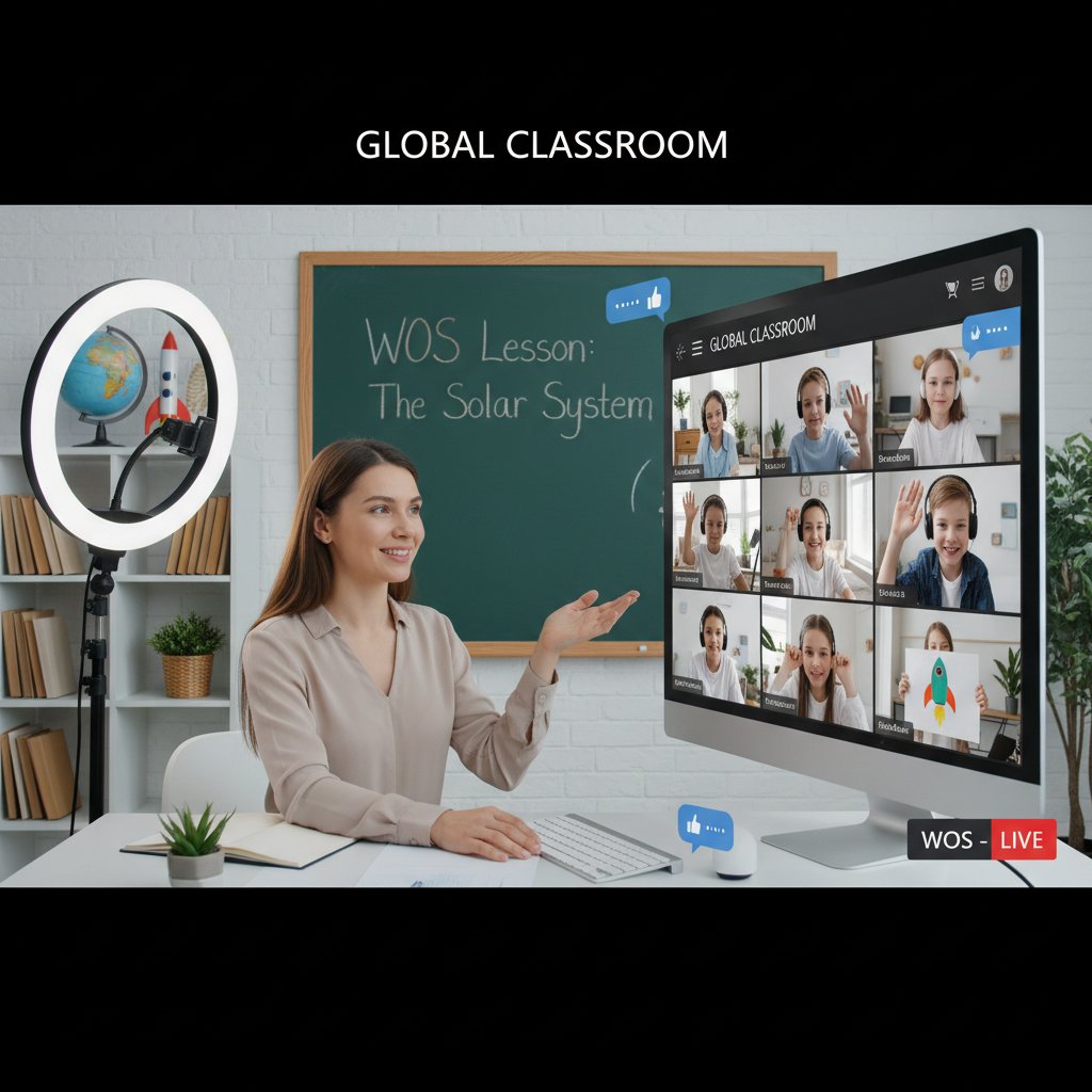 Zdjęcie nauczyciela prowadzącego lekcję WOS online, uczniowie uczestniczą przez kamery, nowoczesna klasa