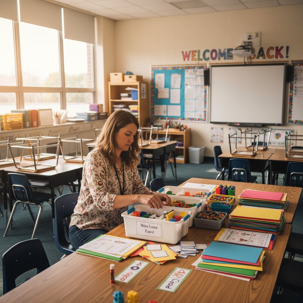 Sala lekcyjna z nauczycielem przygotowującym materiały indywidualne dla ucznia