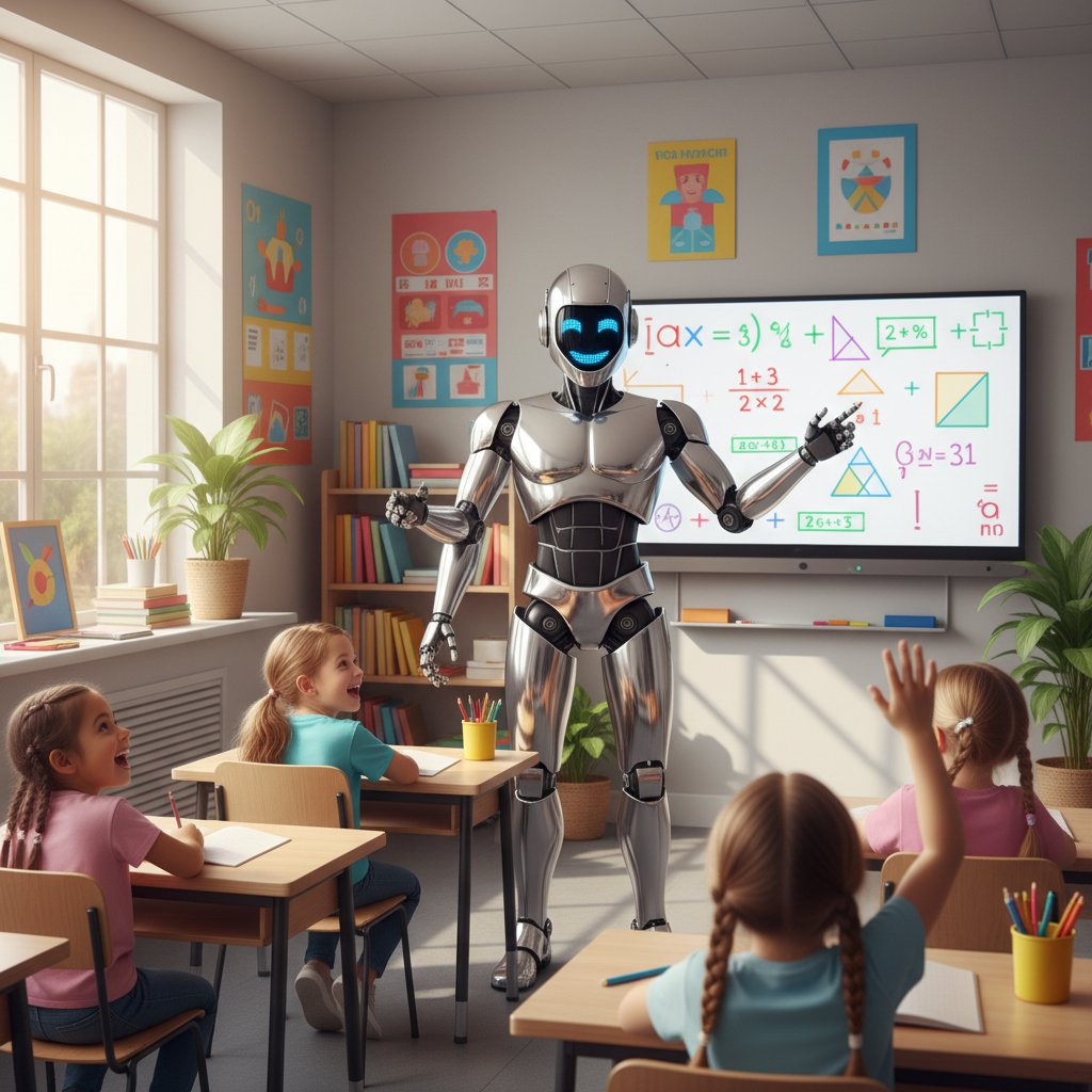 Nauczycielka i robot uśmiechający się do dzieci w klasie
