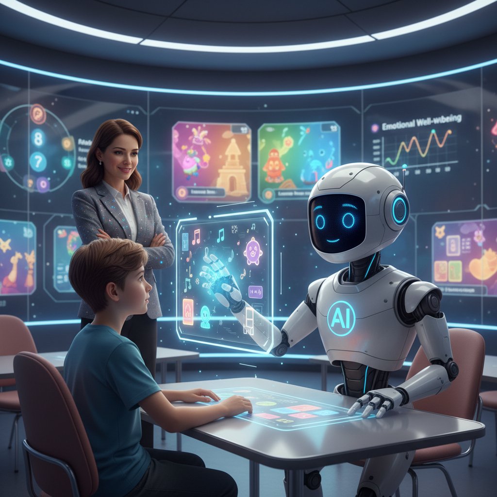 Nauczyciel z uczniem korzystają z AI w edukacji, rozrywka, emocjonalny asystent w praktyce