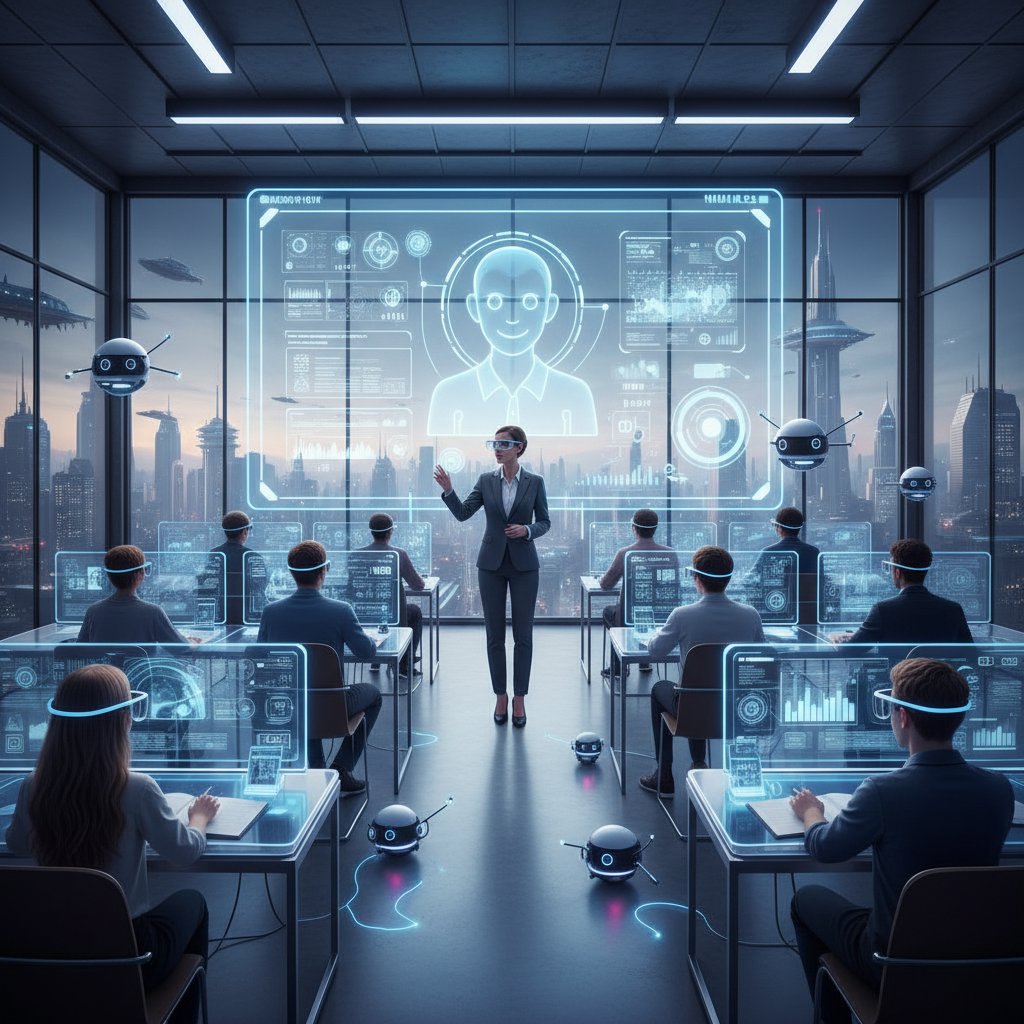 Nauczyciel i uczeń korzystający z AI podczas lekcji, edukacja przyszłości