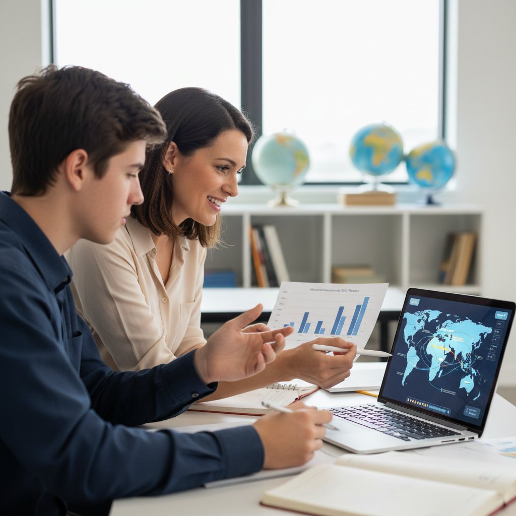 Nauczyciel i licealista analizują wyniki na laptopie, na ekranie interaktywna mapa historyczna, atmosfera współpracy