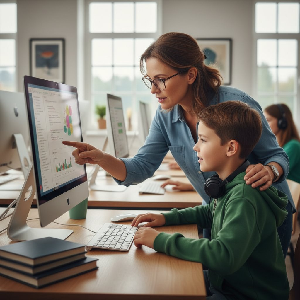 Nauczyciel i uczeń pracujący wspólnie przy komputerze z notatkami, skupieni na rozwiązywaniu zadania