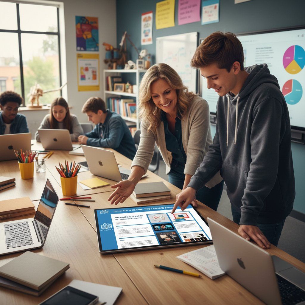 Nauczyciel i uczeń analizują portfolio cyfrowe razem w klasie, oboje zaangażowani w rozmowę o postępach