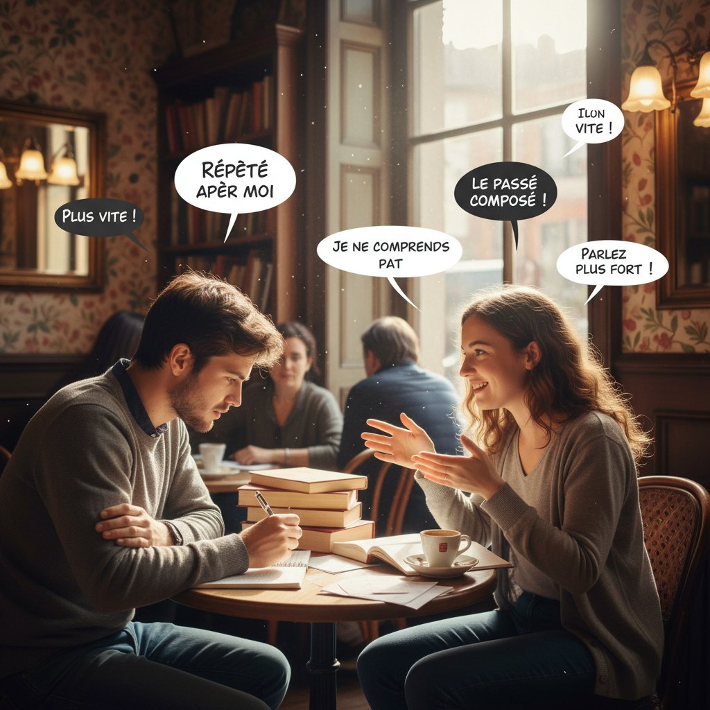 Lektor i uczeń rozmawiający twarzą w twarz podczas intensywnej praktyki francuskiego