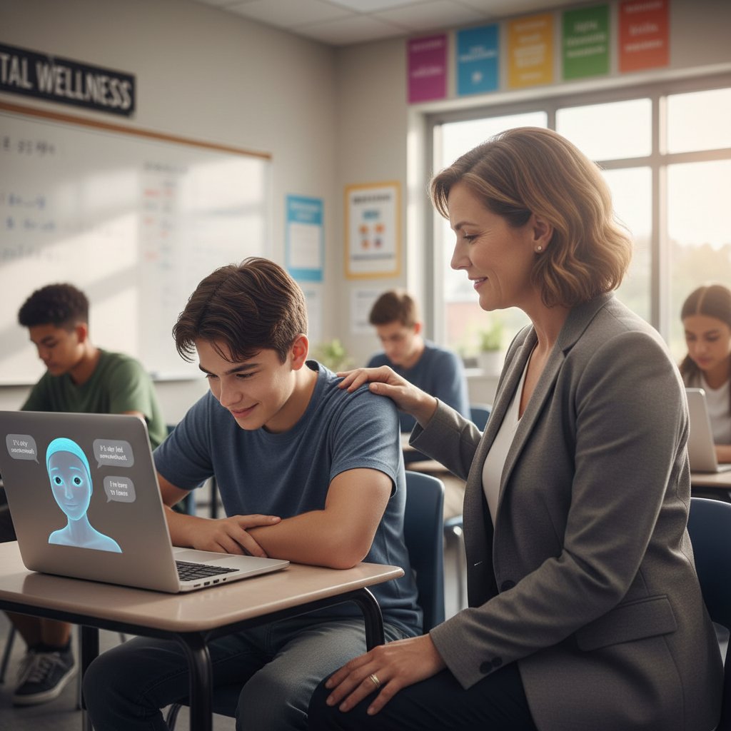 Nauczyciel z uczniem patrzący w ekran laptopa – AI emocjonalne w edukacji