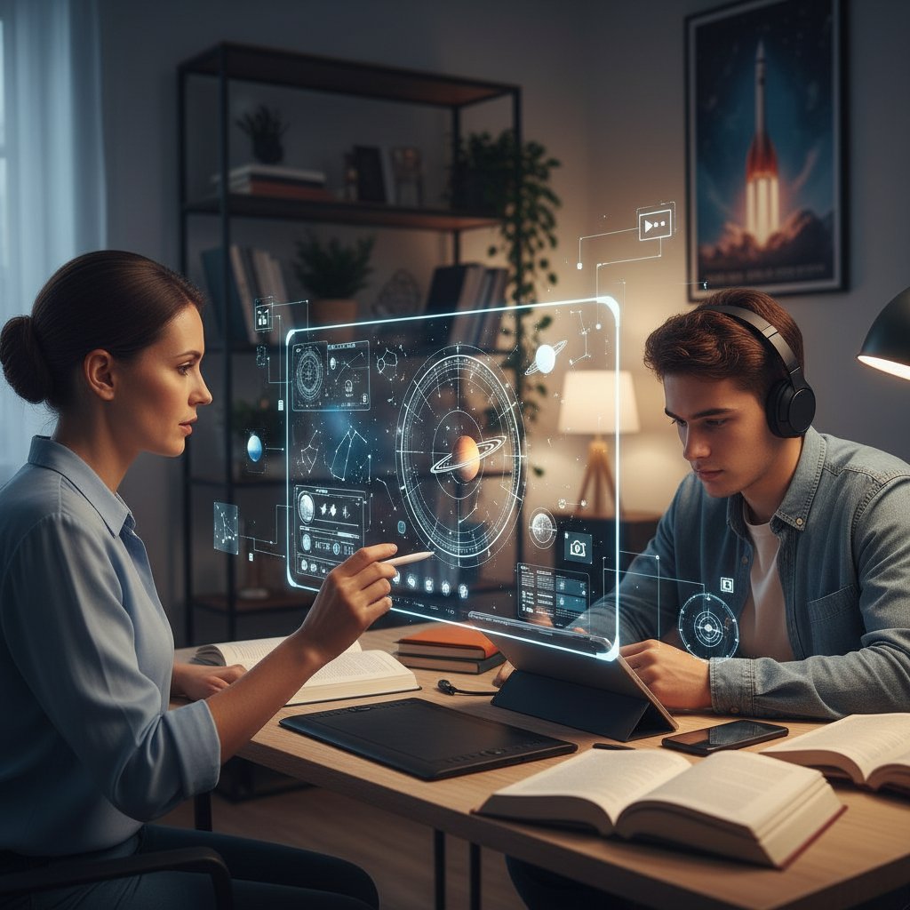 Nauczyciel i uczeń podczas lekcji online, rozbudowane narzędzia cyfrowe, atmosfera skupienia