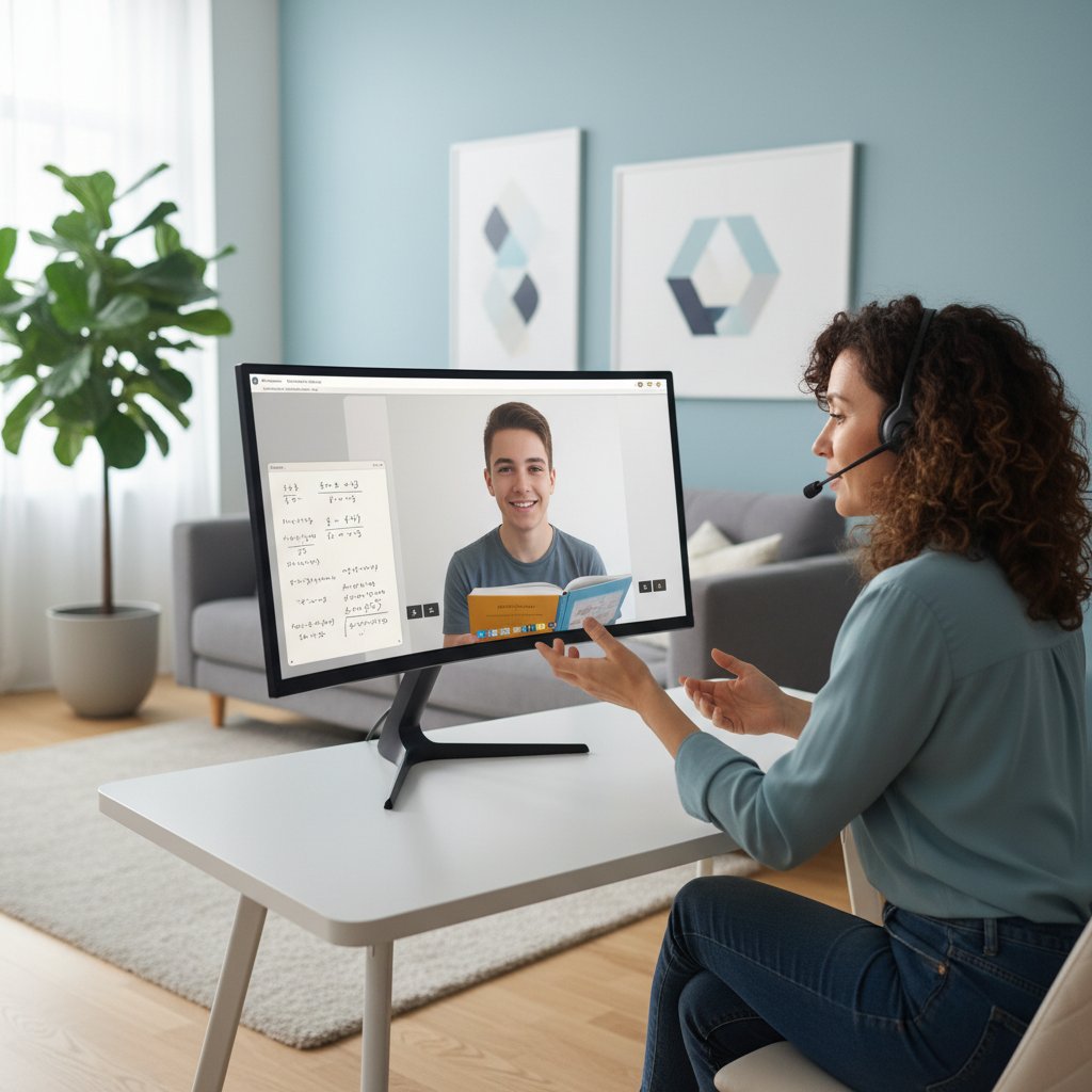 Nauczyciel i uczeń podczas sesji online, nowoczesne wnętrze, atmosfera skupienia