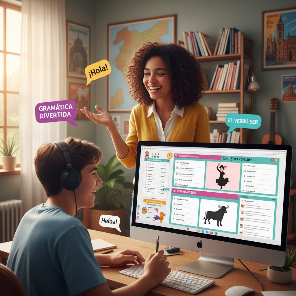 Nauczyciel i uczeń podczas lekcji hiszpańskiego online, komputer, notatki, współpraca, dynamiczna atmosfera