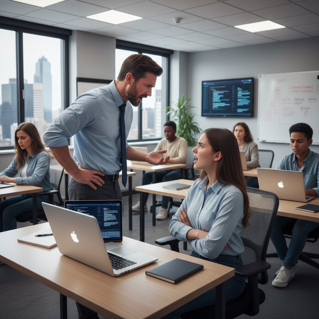 Nauczyciel i uczeń spierają się przy laptopie w nowoczesnej klasie, napięcie, słowa kluczowe: biologia zadania online, szkoła, konflikt