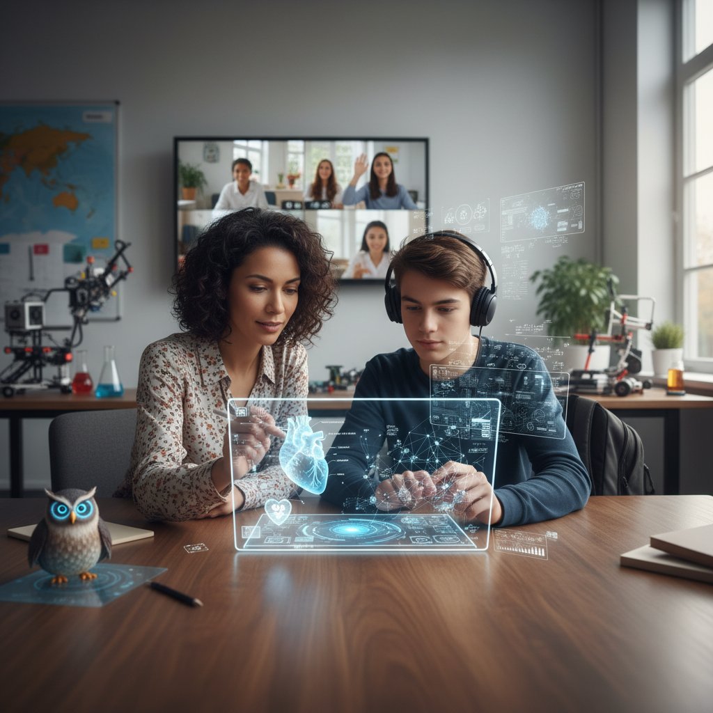 Nauczyciel i uczeń korzystający z tabletu podczas lekcji hybrydowej, interfejs AI widoczny na ekranie