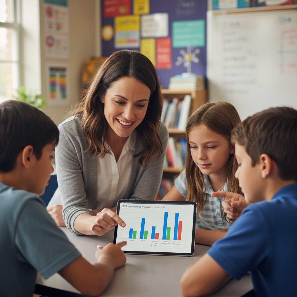 Nauczyciel i uczniowie analizują wyniki na tablecie w klasie