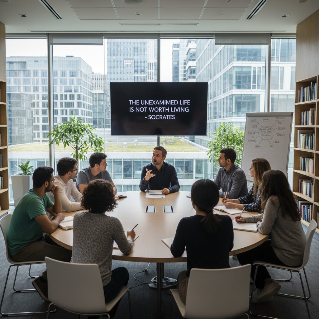 Uczniowie i nauczyciel wspólnie analizują filozoficzne zagadnienie przy okrągłym stole