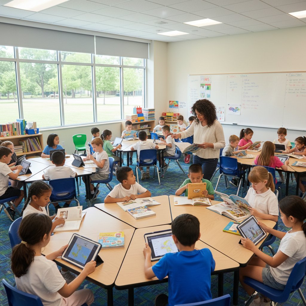 Nauczycielka z uczniami w klasie korzystającymi z tabletów do czytania lektur